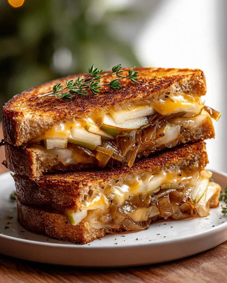 Birnen-Apfel-Grilled-Cheese mit karamellisierten Zwiebeln