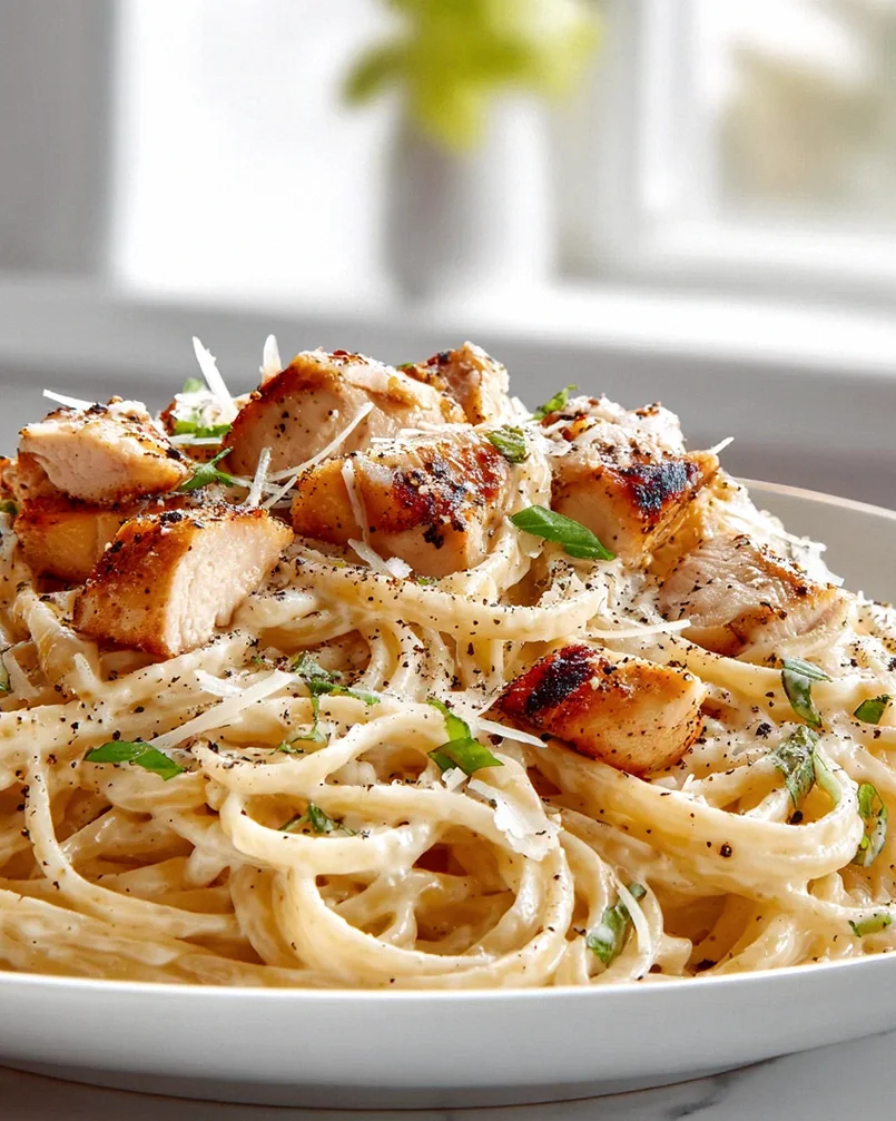 Cremige Protein Pasta Alfredo mit Hähnchen & Parmesan