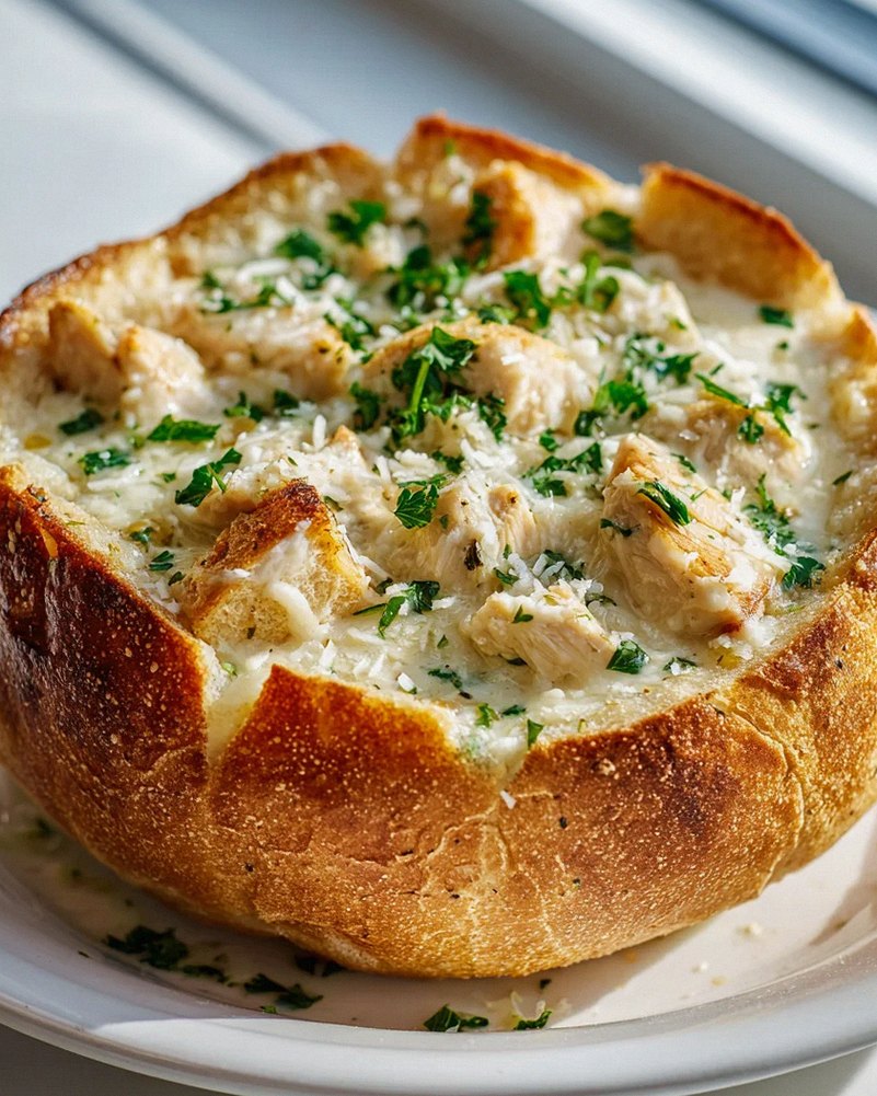 Garlic Bread Bowls with Creamy Chicken Alfredo