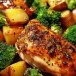 Honig-Knoblauch-Hähnchen mit Brokkoli und Kartoffeln aus dem Ofen