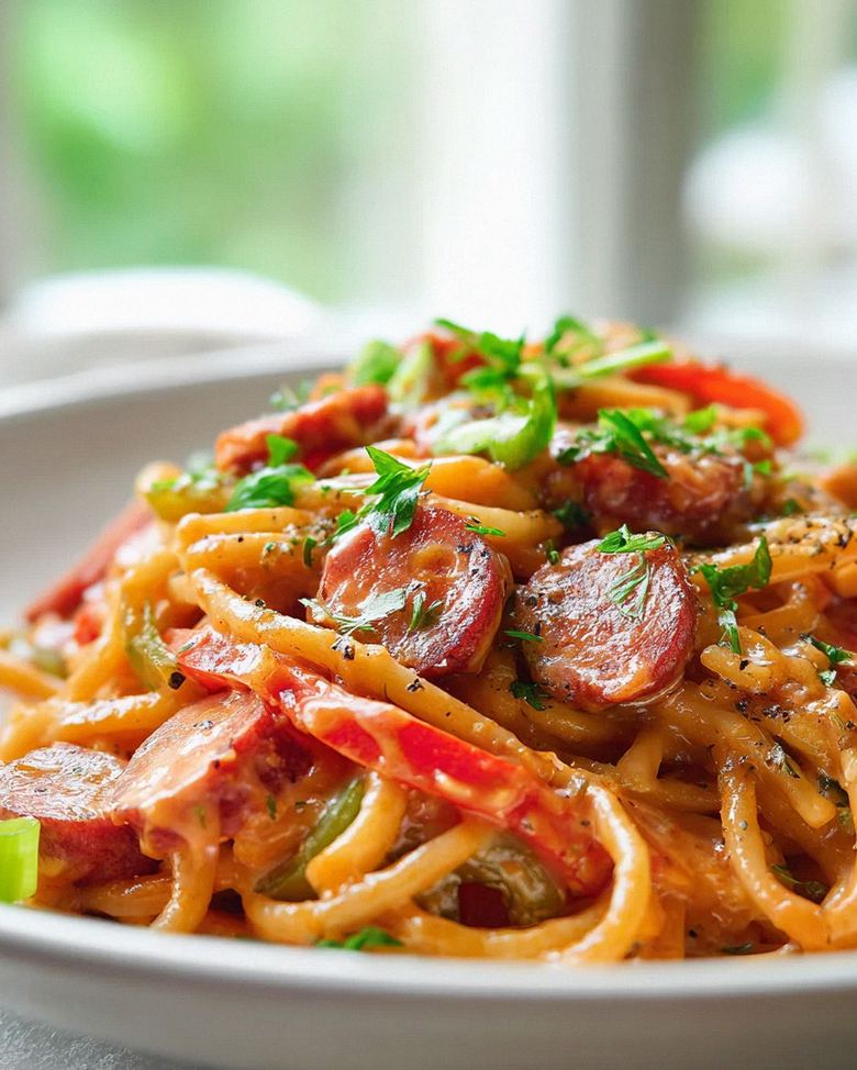 Würzige Cajun Rindswurst Pasta Bowl mit Reis & Gemüse