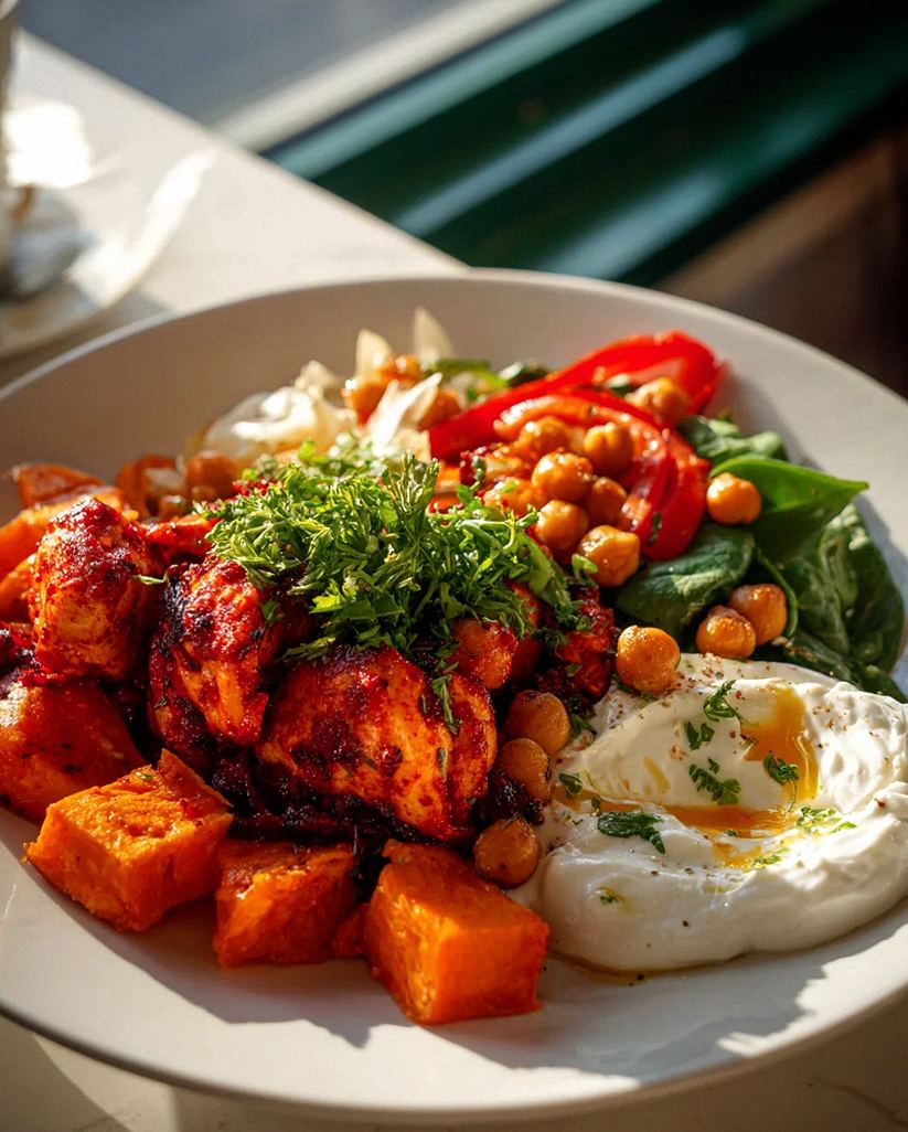 Würziges Ofen-Harissa Hähnchen mit Süßkartoffel, Kichererbsen und Knoblauchjoghurt